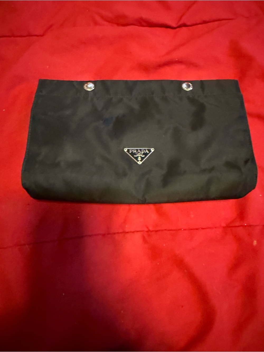 Prada Black Nylon Toiletry Pouch or clutch w Silver Triangle Logo snap closure